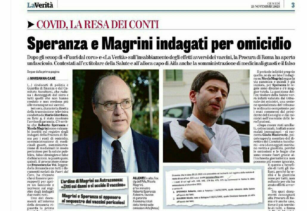 Roberto Speranza indagato per omicidio, con Nicola Magrini, la pagina de La Verità riporta la notizia il 20231123